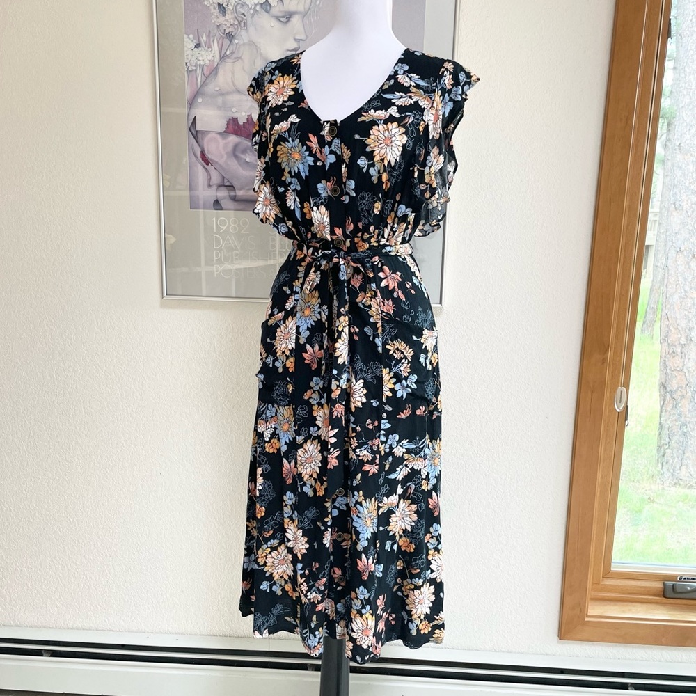 Xhilaration Retro 70s Flutter Ruffled Belted Floral Midi Dress S Pockets Navy - Picture 2 of 7